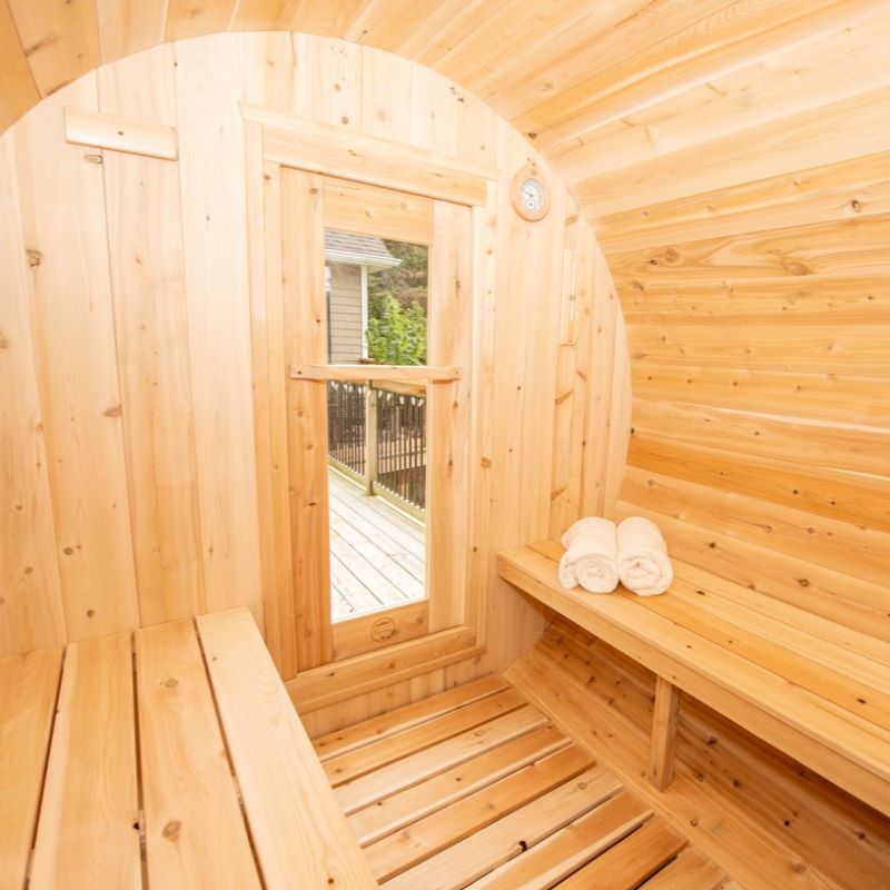 Leisurecraft Canadian Timber Harmony Barrel Sauna Inside Door View
