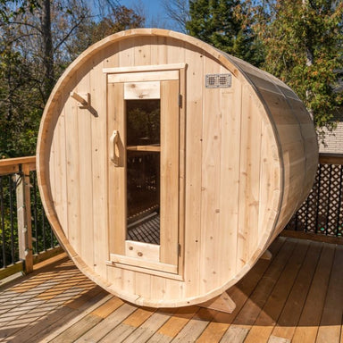 Leisurecraft Canadian Timber Harmony Barrel Sauna Lifestyle View